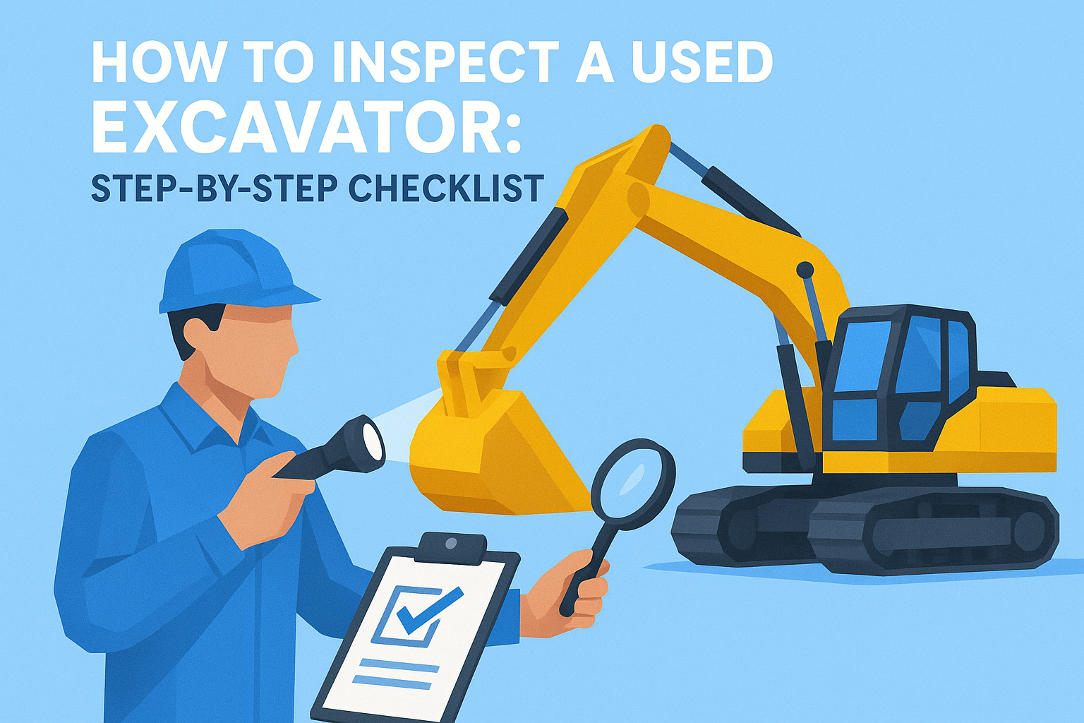 Illustration of a buyer inspecting a used excavator with a flashlight, magnifying glass, and checklist