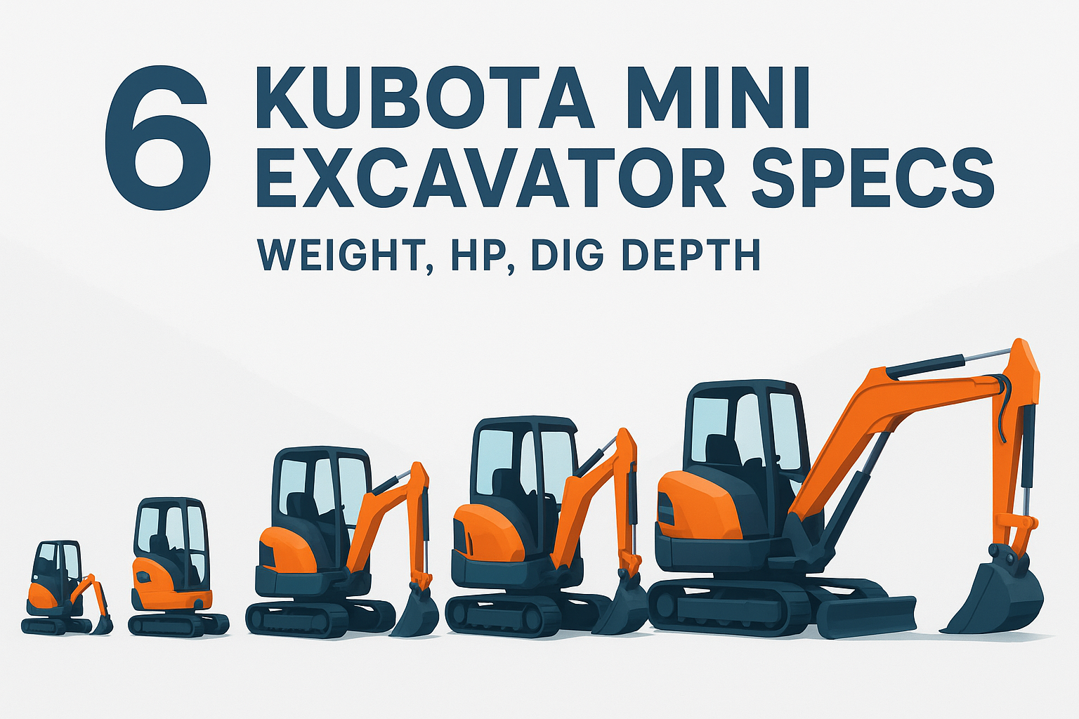 Illustration of six Kubota mini excavators lined up from smallest to largest
